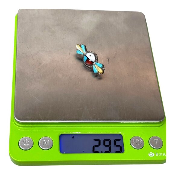 Vintage Zuni Inlay Signed Sunface Turquoise Silver Brooch Pin Native American 1" - Picture 5 of 5